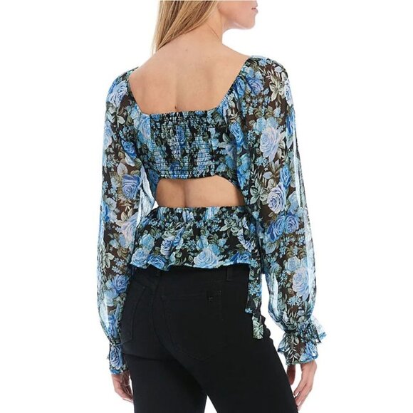 NWT WAYF Rose Floral Square Neck Blouson Sleeve Cut Out Back Smocked Peplum Top - Picture 1 of 2